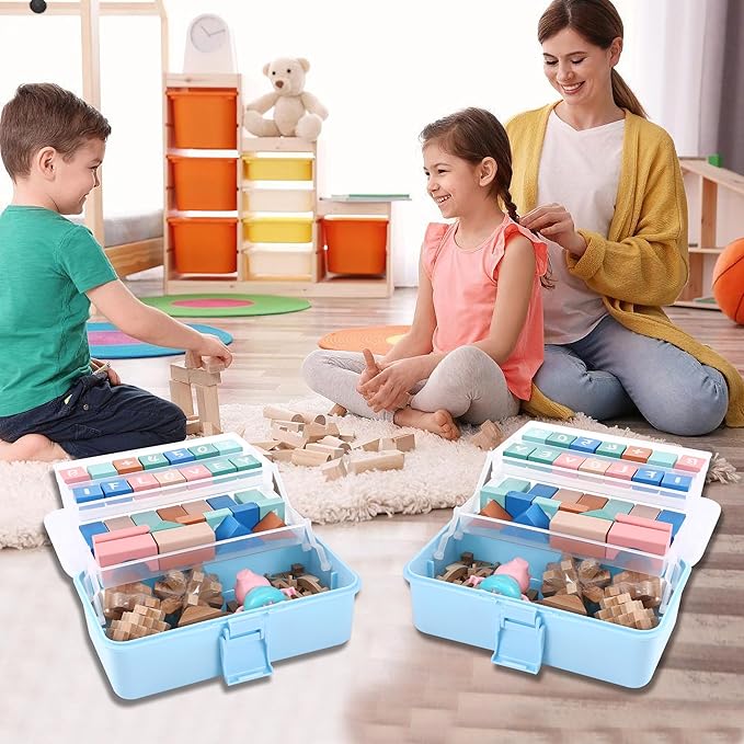 Flower River 11(in) Versatile Three-Layer Folding Organizer Box,Ideal for Art & Crafts,Toys,Sewing Supplies,Jewelry and Tools,Storage with Dual Trays,Elegant Blue