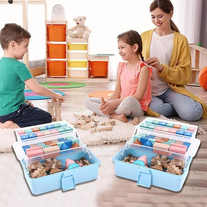 Flower River 11(in) Versatile Three-Layer Folding Organizer Box,Ideal for Art & Crafts,Toys,Sewing Supplies,Jewelry and Tools,Storage with Dual Trays,Elegant Blue