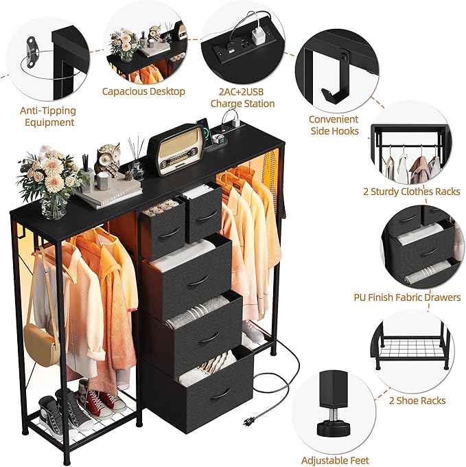 49.2”W Dresser with 2 Hanging Racks, 5 Drawers Dresser with LED Lights & Charging Station, Dressers with Clothes Rack, Shoe Racks and Side Hooks, TV Stand Chest of Drawers for Bedroom, Black