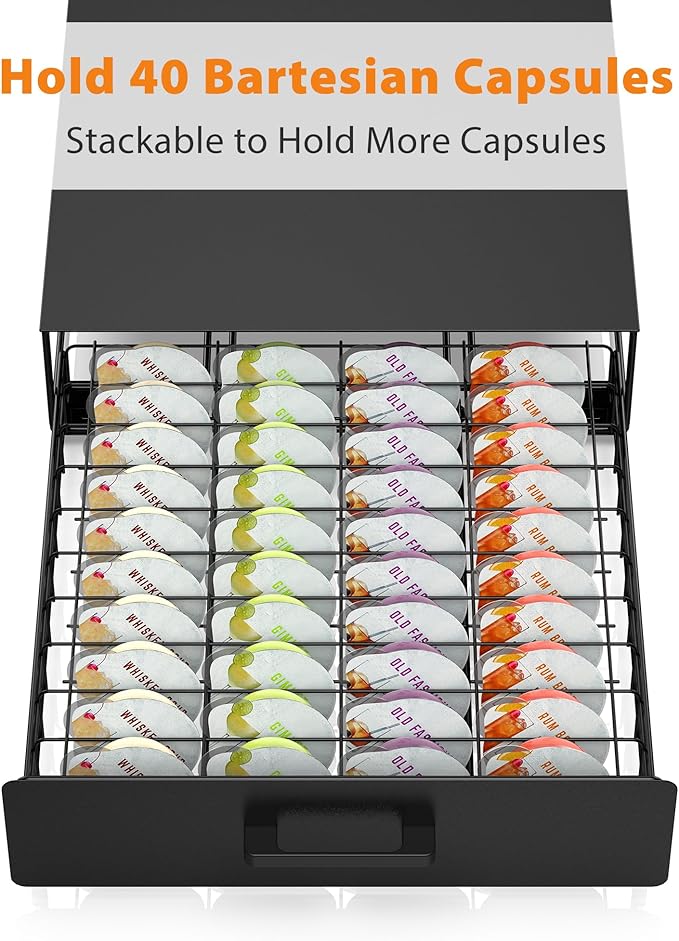 Storage Drawer for Bartesian Capsules, Stackable Cocktail Pod Holder for Bartesian Cocktail Machine Compatible with Bev by BLACK+DECKER Cocktail Machine - Black/40 Pods Capacity