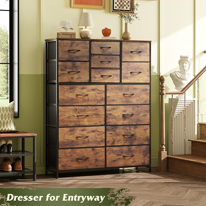 Tall Console Table with 15 Fabric Drawers, Entryway Table with Storage, Tall Storage Organizer with Wood Top, Steel Frame for Living Room, Hallway, Office, Rustic Brown