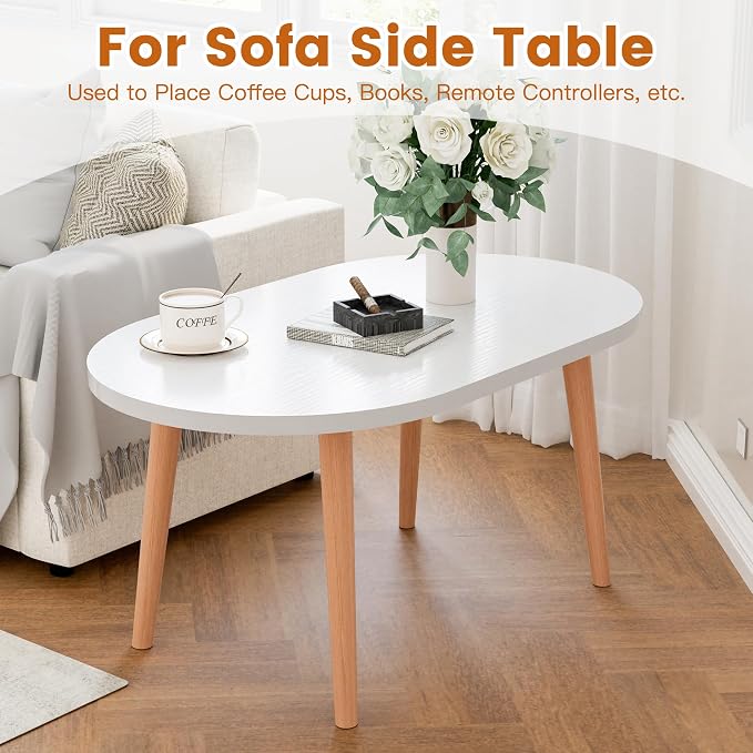 Small Coffee Table, Low Table with Solid Wood Legs, 23.6" Mini Oval Accent Table Side End Table, Floor Table Desk for Sitting on The Floor, Coffee Tea Table for Living Room, Dorm, Apartment, White