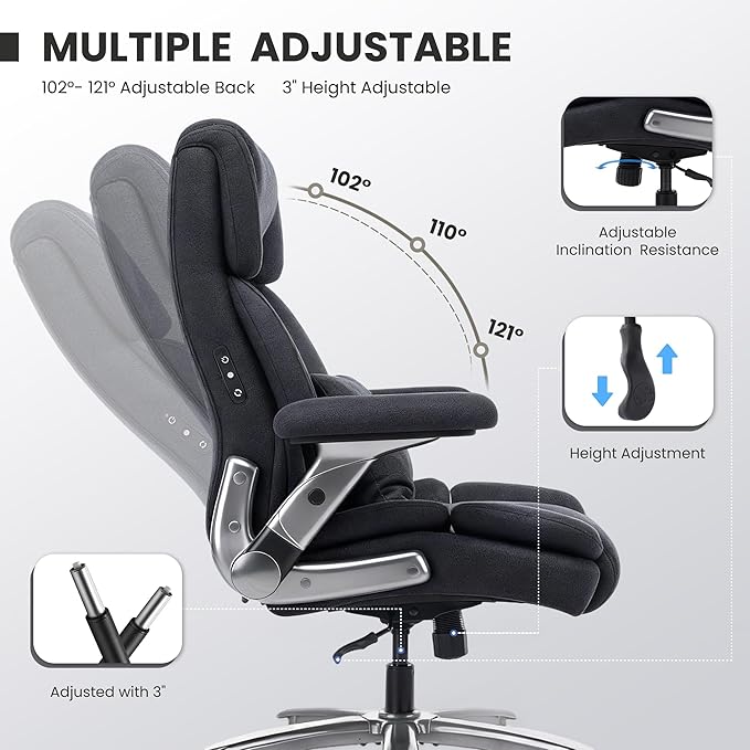 750lbs Heavy Duty Desk Chair with 3D Kneading Massage, Big and Tall Office Chairs with Ergonomic Support, 4D Armrests, 5 Quiet Dual Rubber Wheel, Thick Spring Cushion(Black-Fabric)