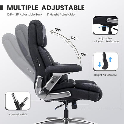 750lbs Heavy Duty Desk Chair with 3D Kneading Massage, Big and Tall Office Chairs with Ergonomic Support, 4D Armrests, 5 Quiet Dual Rubber Wheel, Thick Spring Cushion(Black-Fabric)