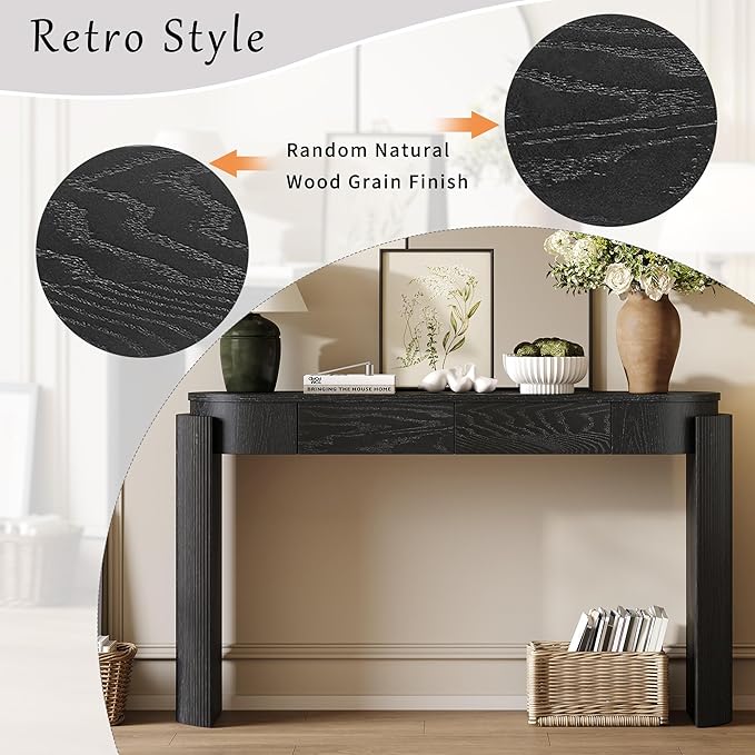 Entryway Table with Natural Wood Grain Finish, Console Table with Fluted Design, Oval Top and 2 Drawers for Entryway and Living Room (Black)