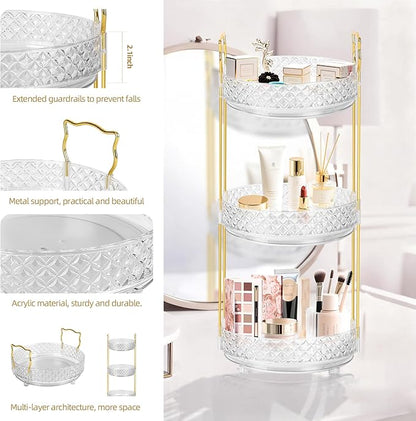 360 Rotating Rotating Makeup Organizer for Vanity, 3 Tier Perfume Skincare Organizers and Storage for Bathroom Countertop, Clear Spinning Counter Cosmetic Holder for Dresser,Clear
