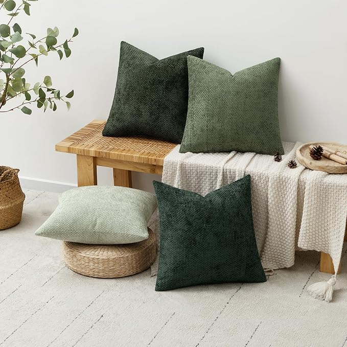 MIULEE Pack of 4 Couch Throw Pillow Covers 22x22 Inch Green Soft Decorative Chenille Pillow Covers Farmhouse Accent Cushion Covers for Boho Spring Home Decor Sofa Bedroom Living Room