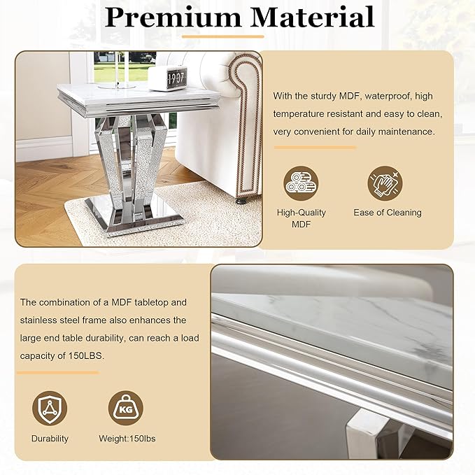 Marble End Table, Modern Square 23” Side Table with Diamond-Shape Stainless Steel Base and Faux Marble Top, Small Sofa Table for Living Room, Bedroom, Lounge (Silver,White)