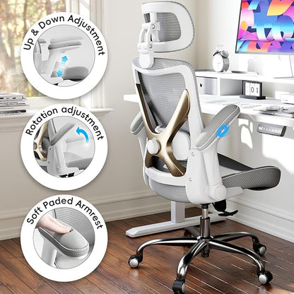 Office Home Ergonomic Desk Chair-Computer X-Shaped Chair Mesh PU Leather with Adjustable Lumbar Support-Executive Chair High Back with Headrest Flip-Up Arms for Long Hours (Grey)