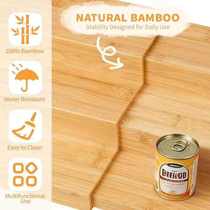 Expandable Bamboo Can Rack Organizer, 3 Tier Canned Food Storage Holder for Pantry, Adjustable Pantry Soda Can Organizer Shelf for Kitchen Spice, Countertop, Cat Food, Cabinet Storage Hold for 24 Cans