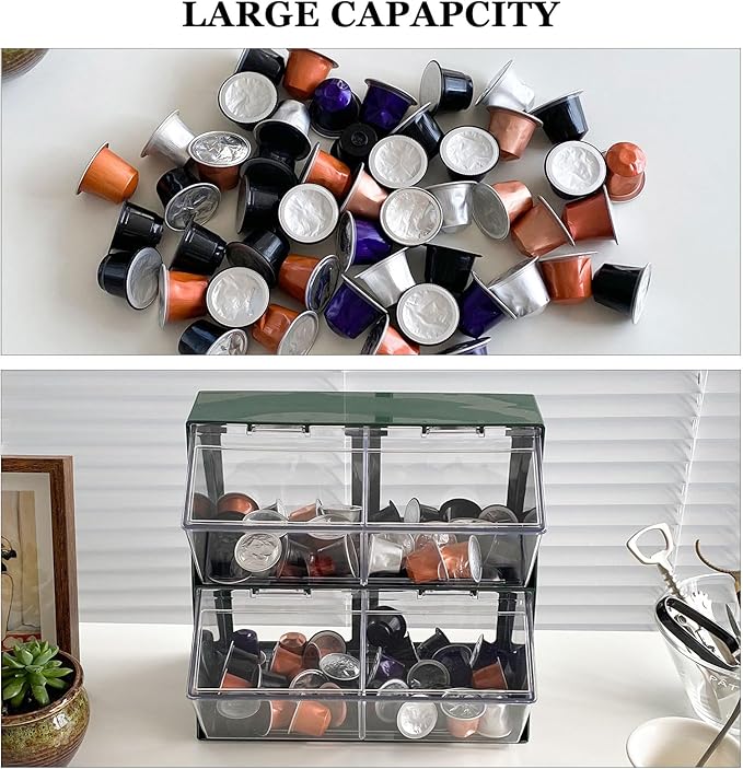 Large Green Coffee Pod Holder with Lid, Plastic Coffee Bar Accessories Storage Organizer for Creamer, K Cups, Tea Bags, Sugar Bag, Drinking Straw, Home Kitchen Supplies(Green)