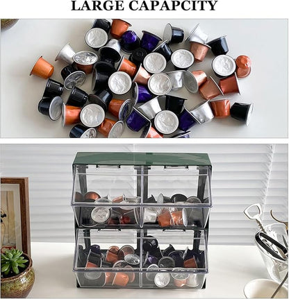 Large Green Coffee Pod Holder with Lid, Plastic Coffee Bar Accessories Storage Organizer for Creamer, K Cups, Tea Bags, Sugar Bag, Drinking Straw, Home Kitchen Supplies(Green)