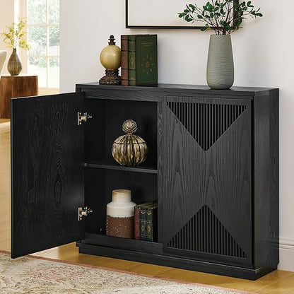 LKTART Mid Century Modern Sideboard Buffet Storage Cabinet with Doors and Shelves,Wood Coffee Bar Storage Cabinets for Kitchen, Dining Room, Living Room-Black