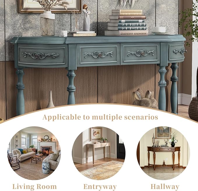 HMFULE Retro Curved Console Table, 52" Solid Wood Half Moon Console Table Sofa Table with 4 Drawers 1 Open Shelf for Living Room,Entryway,Hallway,Antique Blue