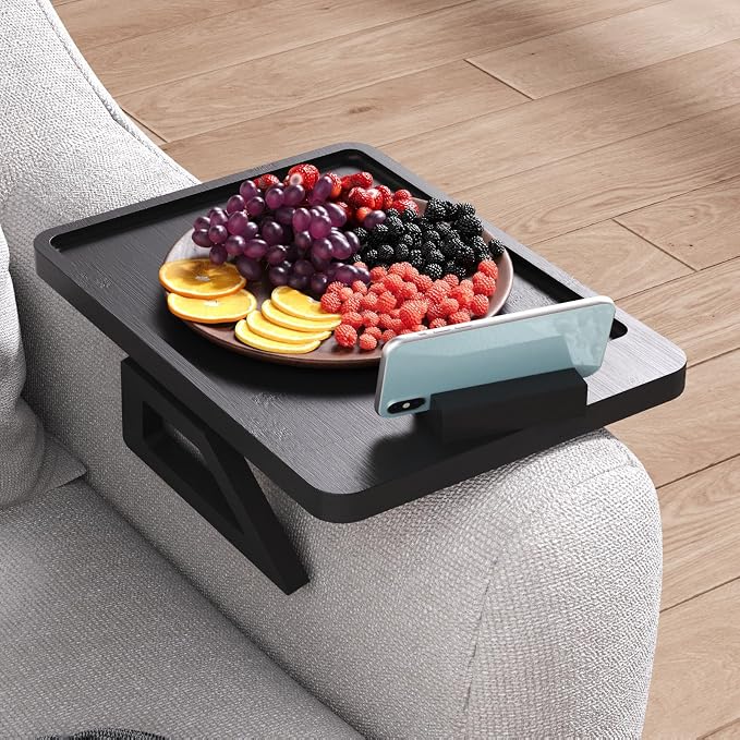 Couch Arm Tray with 360°Phone,Bamboo Folding Sofa Tray,Sofa Armrest Trays Clip-On Couch Desk for Drinks,Snacks,Phone,Remote Control（Black）