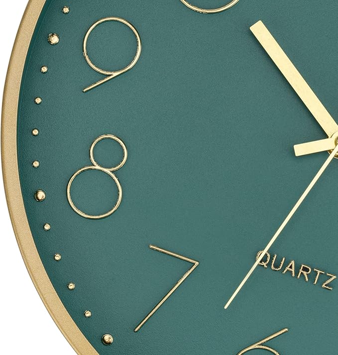 Foxtop Modern Wall Clock 12 Inch Silent Non Ticking Battery Operated Round Quartz Gold Wall Clock for Living Room Bedroom Kitchen Office Classroom Decor (Dark Green Dial)