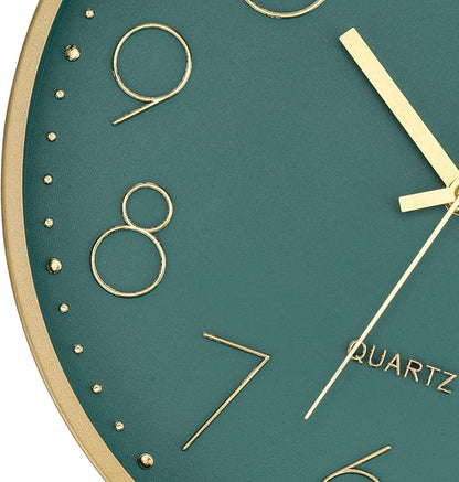 Foxtop Modern Wall Clock 12 Inch Silent Non Ticking Battery Operated Round Quartz Gold Wall Clock for Living Room Bedroom Kitchen Office Classroom Decor (Dark Green Dial)