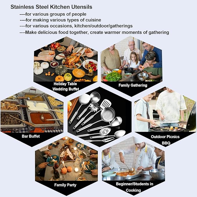 18/10 Stainless Steel Kitchen Utensils, 9 PCS Metal Cooking Utensils Set 15", Solid and Slotted Spoon, Fork, Spatula, Ladle, Skimmer, Slotted Spatula Tunner, Spaghetti Large Spoon