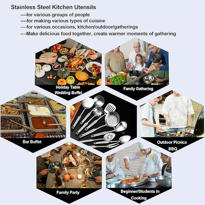 18/10 Stainless Steel Kitchen Utensils, 9 PCS Metal Cooking Utensils Set 15", Solid and Slotted Spoon, Fork, Spatula, Ladle, Skimmer, Slotted Spatula Tunner, Spaghetti Large Spoon