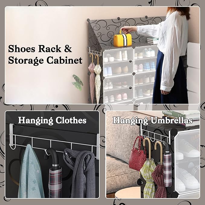 Jomifin Shoe Rack Storage Cabinet with Doors, Key Holder, Portable Shoe Organizer, Expandable Standing Rack, Holds 32-64 Pairs Shoes Boots Slippers for Closet Hallway Entryway Bedroom, 2x8 Tier, Black