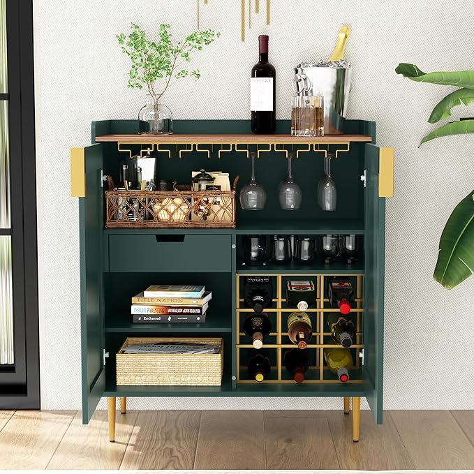 ARTPOWER Coffee Bar Cabinet with Wine Racks, Green Liquor Cabinet with Fluted Texture, Modern Sideboard Buffet Cabinet for Kitchen Dining Room, Living Room