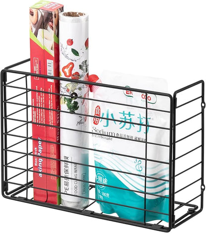 Lonian Wall Mounted Storage Basket, Black Metal Wire Kitchen Wrap Organizer Rack, Heavy Duty Hanging Basket for Cabinet Door, Pantry, Cutting Boards, Foil, and Cleaning Supplies