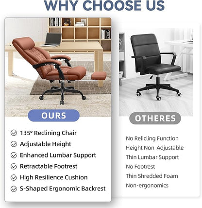 Office Chair, Big and Tall Office Desk Chair, Reclining Office Chair with Footrest Home Office Desk Chairs, High Back Ergonomic with Lumbar Support, Executive Leather