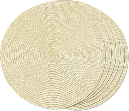 FunWheat Round Braided Placemats Set of 6 Table Mats for Dining Tables Woven Washable Non-Slip Place mats 15 inch(Beige, 6pcs)