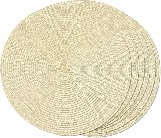 FunWheat Round Braided Placemats Set of 6 Table Mats for Dining Tables Woven Washable Non-Slip Place mats 15 inch(Beige, 6pcs)