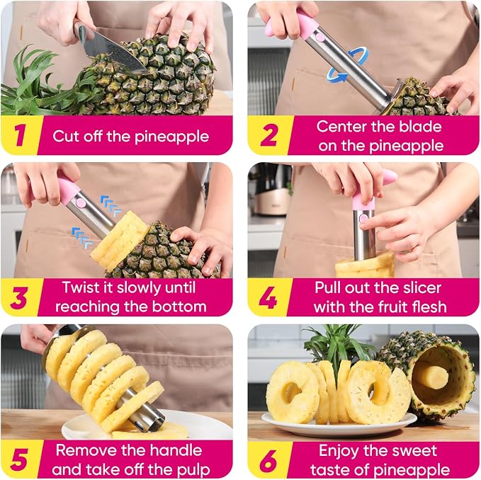 Pineapple Corer, [Upgraded, Reinforced, Thicker Blade] Newness Premium Pineapple Corer Remover, Stainless Steel Pineapple Core Tool for Home & Kitchen with Sharp Blade for Diced Fruit Ring (Pink)