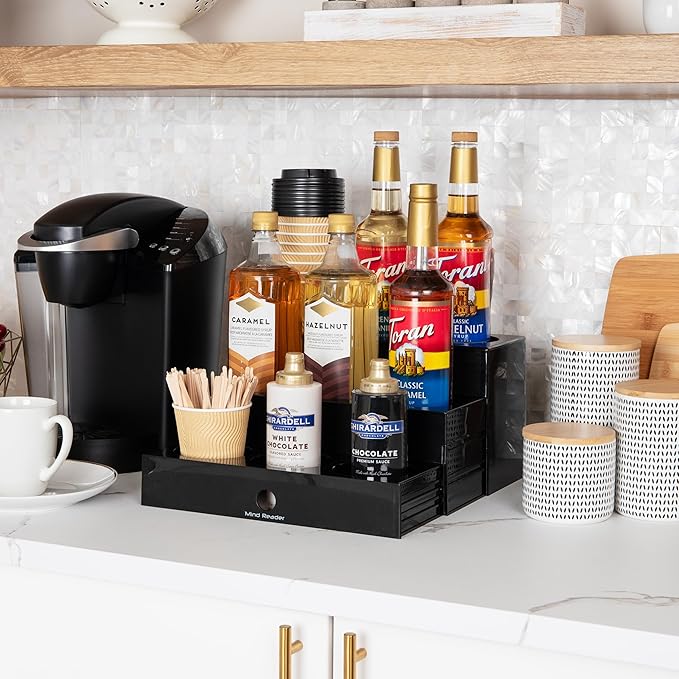 Mind Reader Coffee Syrup Station, Coffee Bar Accessories, Countertop Organizer, Acrylic, 14.25"L x 12.5"W x 7"H, Black