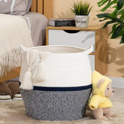 KAKAMAY Woven Baskets for Storage(17"x17"),Large Cotton Rope Basket Woven Baby Laundry Hamper,Collapsible Laundry Basket, Blanket Basket for Living Room,Nursery,Clothes, Toy chest(Navy Blue)