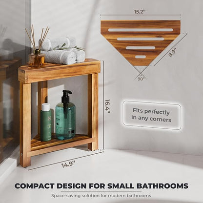 BLUEWEST 16.4" Corner Shower Stool with Storage Shelf, Acacia Wood Shower Foot Rest for Shaving Legs, Small Water-Resistant Bathroom Bench for Inside Shower, Wooden Bath Seat for Small Shower Spaces