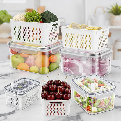 8-Piece Fruit Storage Containers for Fridge, BPA Free Plastic, Airtight with Vent Holes and Removable Colander, Refrigerator Organizer for Vegetables, Meat, Berry