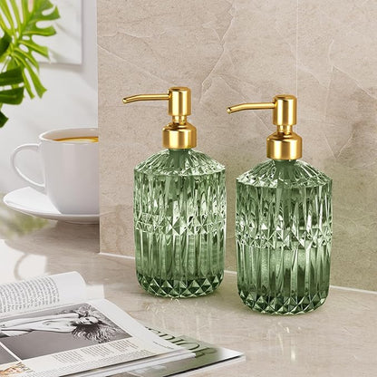AmazerBath Soap Dispenser, 2 Pack Green Glass Soap Dispenser with Pump Stainless Steel, 14.2OZ Luxury Gold Hand Soap Bottles Bathroom Kitchen