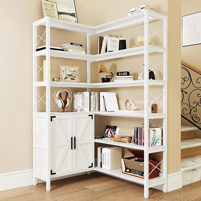 Wildhome 6-Shelf Corner Bookshelf, Vintage Industrial Corner Shelf Etagere Bookcase, Large Book Shelf with Metal Frame Open Storage Corner Cabinet (White-Lockers, Small)