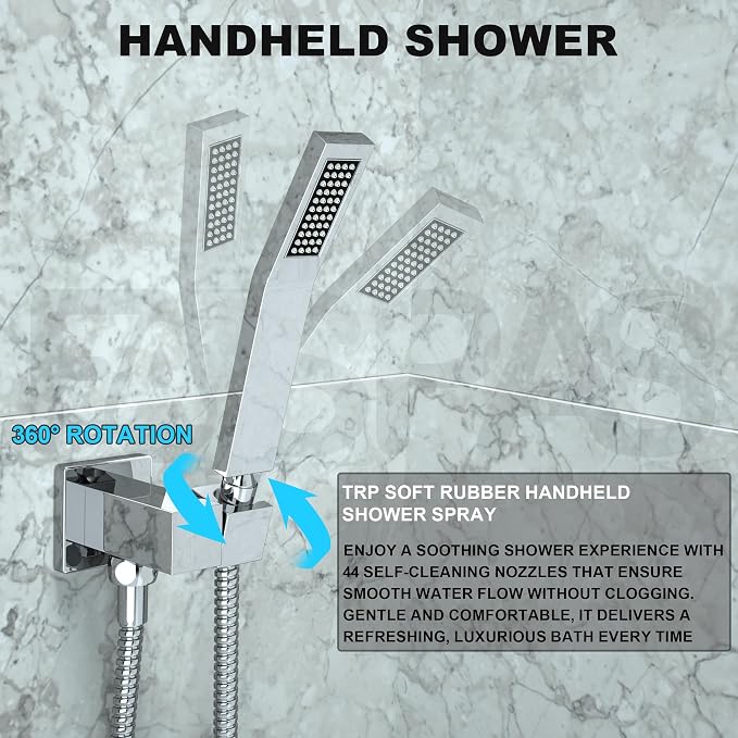 Polished Chrome Shower System with 10-Inch Rain Showerhead and Tub Spout | cUPC-certified pressure balance brass valve to prevent scalding, CEC-certified air injection technology for low pressure