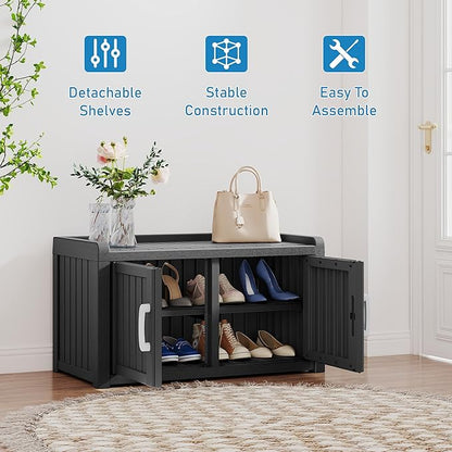 2-Tier Storage Bench, Waterproof UV-Resistant Outdoor Shoe Storage Cabinet with 2 Doors & Adjustable Shelves for Indoor Outdoor Entryway, Hallway, Living Room (Black)