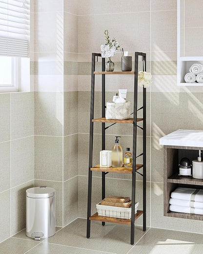 Ladder Shelf, Bookshelf Bookcase, Freestanding Corner Storage Shelve with 2 Hooks for Home Office, Living Room, Kitchen, Bedroom, Industrial, 11.8"D x 13.4"W x 47.2"H, Rustic Brown BC13201B
