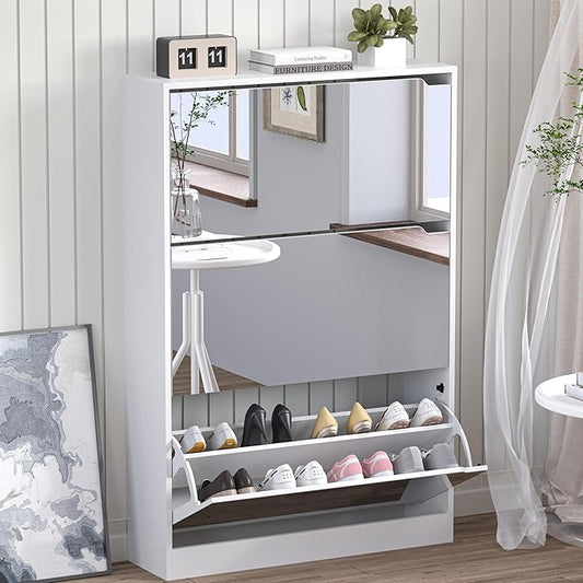 BORNOON Shoe Cabinet with 3-Flip Mirror Drawers, Freestanding Shoe Rack Organizer with Hidden Handle, Slim Narrow Shoe Storage Cabinet for Entryway, Entrance, Hallway, Bedroom