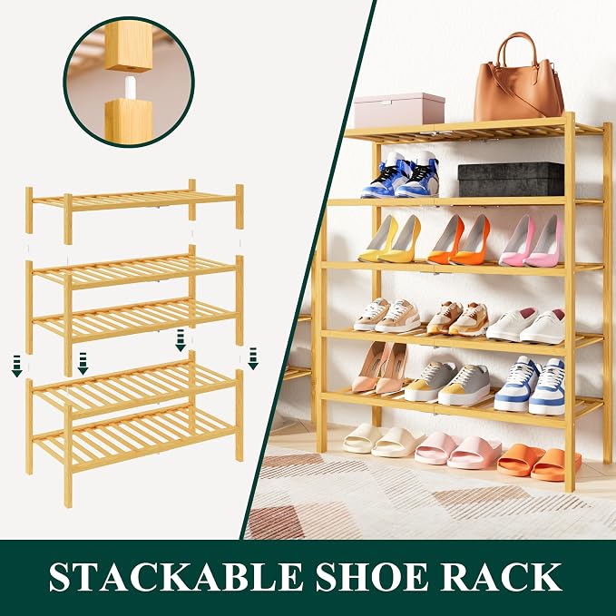 Smiry Bamboo Shoe Rack, 4 Tier Free Standing Wooden Shoe Organizer, Stackable Wood Shoe Storage Shelf for Closet, Entryway, 14 Vertical Slats, 2+2 Stack Heavy-Duty Legs, 26.8"x11"x26", Natural