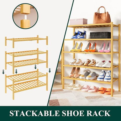 Smiry Small Bamboo Shoe Rack, 4 Tier Free Standing Wooden Shoe Organizer, Stackable Wood Shoe Storage Shelf for Closet, Entryway, 14 Vertical Slats, 2+2 Stack Heavy-Duty Legs, 17.3"x11"x26", Natural