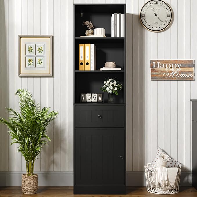 Farmhouse 71" Tall Bookshelf with Drawer, Narrow Bookcase with Adjustable Left/Right Door, Adjustable Shelf, Freestanding Display Book Shelf for Bedroom,Living Room, Office, Black