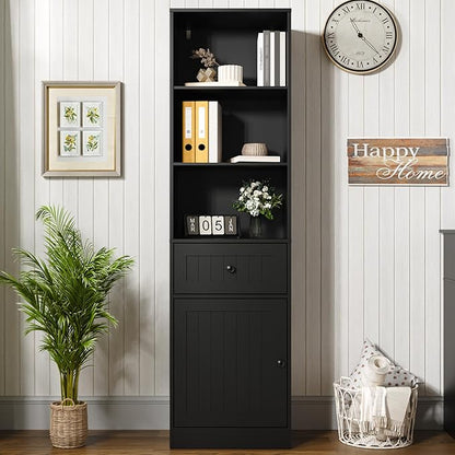 Farmhouse 71" Tall Bookshelf with Drawer, Narrow Bookcase with Adjustable Left/Right Door, Adjustable Shelf, Freestanding Display Book Shelf for Bedroom,Living Room, Office, Black