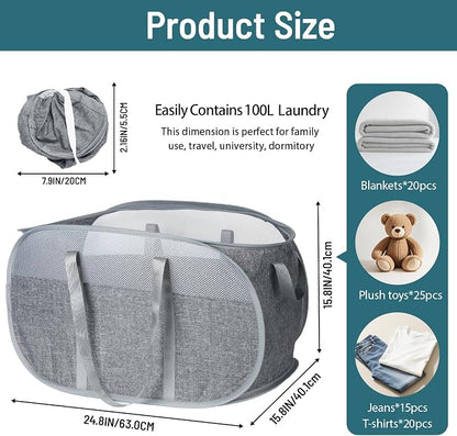 100L Collapsible Laundry Baskets, Tear Proof Pop Up Laundry Hamper with Dual Handles, Large Foldable Laundry Basket, Easy to Carry Laundry Hamper for Home, Laundry Room, Bedroom, Dorm, Travel Grey