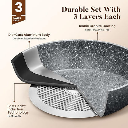 Kitchen Academy Granite Nonstick Cookware Set - 17 Piece Gray Cooking Pans Set, Induction Pots and Pans Set Non Stick, PFOA & PFOS Free.