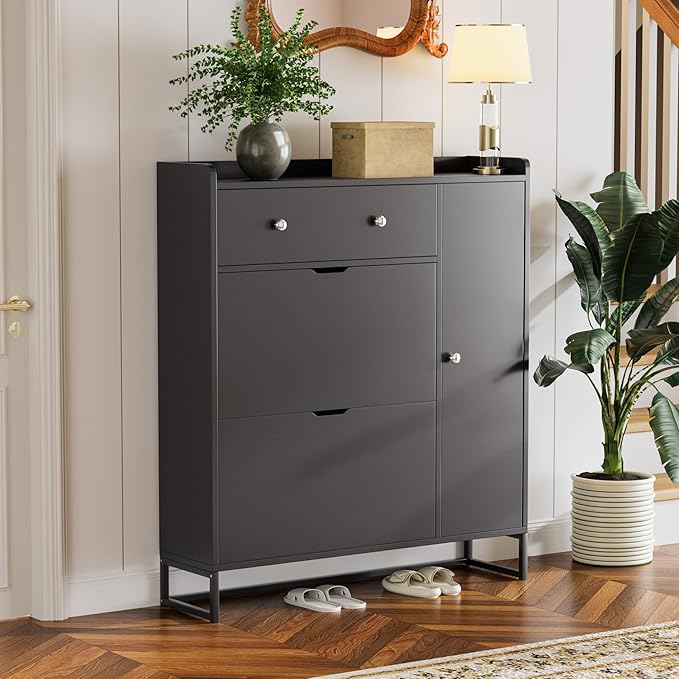 YESHOMY Shoe Cabinet for Entryway, Shoe Storage Cabinet with 2 Flip-Front Doors & Drawers, Shoes Organizer for Living Room and Hallway, Black