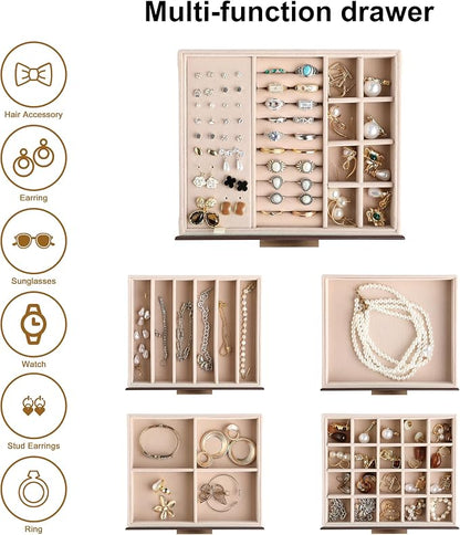 Frebeauty Clear Lid Jewelry Box,5-Layer Jewelry Organizer with Drawer,PU Leather Jewelry Organizers and Storage,Jewelry Boxes for Women,Jewelry Storage for Rings Earring Stud,Gift for Women(Brown)