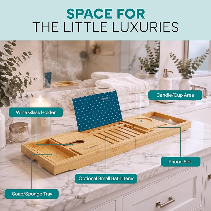 SereneLife Premium Bathtub Tray Caddy, Expandable Bath Tray, Unique House Warming Gifts, Gift for Mom, Women, New Home, Wedding, Anniversary, Bridal Shower, Universal Fit for All Tub -Natural, GiftSet