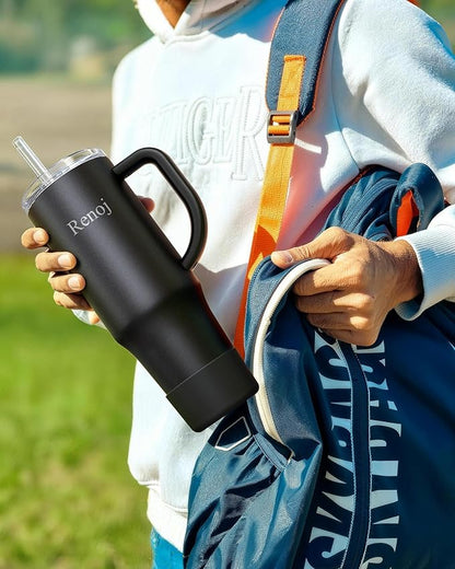 Renoj Tumbler with Handle 100% Spill Resistant Insulated Water Bottle for Iced Coffee & Hot Drinks - Fits Car Cup Holder, Ideal Gift, 2 Straws & Silicone Boot BPA-Free - FlexSlide Black 32 oz